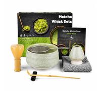 Muexoee 7 Pcs Matcha Set,Matcha Tea for Making Breakfast/Latte,Whisk Set and Bowl with All Accessories，Authentic Tea Ceremony，Cracked Grey-Green Bowl, Stirrer Yellow