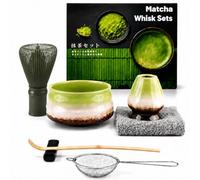 Muexoee 7 Pcs Matcha Set,Matcha Tea for Making Breakfast/Latte,Whisk Set and Bowl with All Accessories，Authentic Tea Ceremony，Kiln-Changed Green Bowl, Stirrer Green