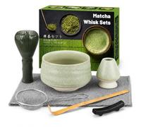 Muexoee 7 Pcs Matcha Set,Matcha Tea for Making Breakfast/Latte,Whisk Set and Bowl with All Accessories，Authentic Tea Ceremony，Cracked Grey-Green Bowl, Stirrer Green