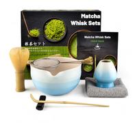 Muexoee 7 Pcs Matcha Set,Matcha Tea for Making Breakfast/Latte,Whisk Set and Bowl with All Accessories，Authentic Tea Ceremony，Gradient Blue Bowl, Stirrer Yellow