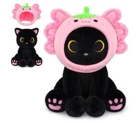 MUFEIRUO Black Cat Plush Toy with Strawberry Axolotl Hood | Cat plush stuffed toy with removable hood, cuddly toy gift for birthday, Halloween, Christmas