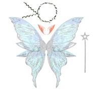 Mufeng 1Set Glittery Fairy Costume Set with Butterfly Wings Elf Ears Star Stick Garland for Adults Kids Cosplay Silver One Size