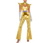 Mufeng 2 Piece Womens Alien Costume Shiny Metallic Cut Out Jumpsuit With Gloves For Halloween Party Gold XL