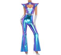 Mufeng 2 Piece Womens Alien Costume Shiny Metallic Cut Out Jumpsuit With Gloves For Halloween Party Blue XL