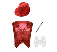 Mufeng Boys Kids Shiny Ringmaster Costume Singer Costume Red 13-14 Years | Circus Show,Magic Show Dress-up,Halloween Cosplay,Wand and Gloves,Button Down,Sparkly Sequins,Stage Performance