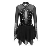 Mufeng Figure Skating Dress for Women Mesh Sleeve Adult Ice Skater Outfits Gymnastics Chiffon Dress Black XXL