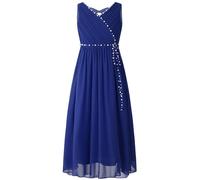 Mufeng Girls Beaded Flower Maxi Dress Sleeveless A-Line Flowy Junior Bridesmaid Chiffon Dresses for Wedding Party Royal Blue 13-14 Years