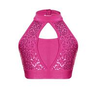 Mufeng Girls Hip Hop Dance Crop Top Sparkly Sequin Sleeveless Halter Tank Top Vest Modern Performance Costume Hot Pink 9-10 Years
