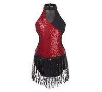 Mufeng Girls Jazz Tango Latin Dance Dress Ballroom Costume Sleeveless Halter Tassel Sparkle Sequins Fringed Bodysuit Burgundy 11-12 Years