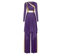 Mufeng Liturgical Praise Dance Outfit For Women Long Sleeve Metallic Gold Color Block Worship Tunic With Pants Purple XL