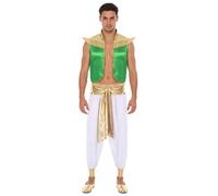 Mufeng Mens Arabian Prince Costume Cap Sleeve Open Front Vest Top with Harem Pants for Halloween Green White 3XL