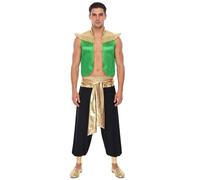 Mufeng Mens Arabian Prince Costume Cap Sleeve Open Front Vest Top with Harem Pants for Halloween Green Black XL