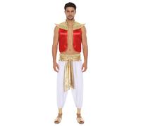 Mufeng Mens Arabian Prince Costume Cap Sleeve Open Front Vest Top with Harem Pants for Halloween Red White XL