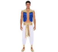 Mufeng Mens Arabian Prince Costume Cap Sleeve Open Front Vest Top with Harem Pants for Halloween Royal Blue White 3XL