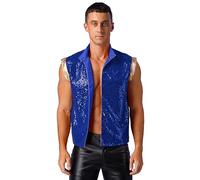 Mufeng Men's Arabian Prince Vest Halloween Costume Sequin Metallic Trim Waistcoat Nightclub Tops Blue S