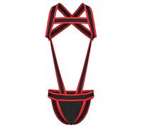 Mufeng Men's Elastic Body Chest Harness Jockstrap Bodysuit Hollow Out Wrestling Singlet Leotard Red A L