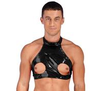 Mufeng Men's PVC Leather Open Bust Crop Top Bralette Latex Wet Look Slim Tank Top Undershirt Black 4XL