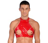 Mufeng Men's PVC Leather Open Bust Crop Top Bralette Latex Wet Look Slim Tank Top Undershirt Red 3XL