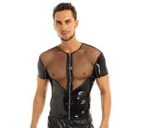 Mufeng Men's PVC Leather Short Sleeve Tight Tops Fishnet Patchwork Club Muscle Top Tee Shirts Black M