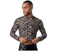 Mufeng Mens See Through Mesh Long Sleeve Crop Top Multiple Pattern Print Slim Fit T-Shirt Clubwear Leopard M