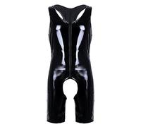Mufeng Men's Wet Look PVC Leather Front Zipper Boxer Shorts Leotard One Piece Bodysuit Clubwear Black 5 M