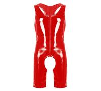Mufeng Men's Wet Look PVC Leather Front Zipper Boxer Shorts Leotard One Piece Bodysuit Clubwear Red 5 XL
