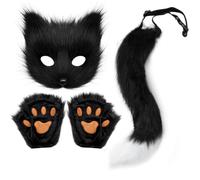 Mufeng Plush Mask for Women Fox Tail Cat Wolf Set Wolf Face Cover | Animal Claw Mittens,Fox Paw Glove Outfit,Plush Paw Details,Adjustable Waist Strap,4 Pcs Faux Fur Outfit,Animal Themed Prop