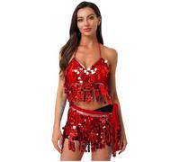 Mufeng Women Belly Dance Bras Padded Sequin Halter Top With Fringe Hip Scarf Wrap Skirts Sexy Gypsy Costumes Red One Size