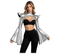 Mufeng Women Gothic Armor Shrug Medieval Short Cardigan | Alien Cosplay Costume,Gothic Bolero,Metallic Shiny,Open Front,Long Flared Split Sleeve,Stage Performance Costume