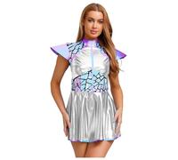Mufeng Womens Alien Costume Space Cadet Role Play Outfits Sequin Metallic High Waist Dress Silver XXL