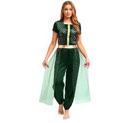 Mufeng Women's Arabian Princess Costume One Piece Short Sleeve Tulle Overlay Jumpsuit for Halloween Green M