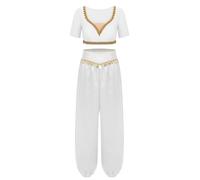 Mufeng Womens Belly Dance Outfits Short Sleeve Crop Top with Harem Pants Arabian Princess Costume White S