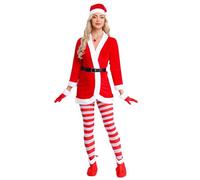 Mufeng Womens Christmas Costume Santa Claus Role Play 7 Piece Outfits Velvet Coat with Accessory Red 3XL
