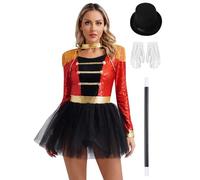 Mufeng Women's Circus Ringmaster Costume Sequin Long Sleeve Bodysuit Dress Magician Outfits Red L