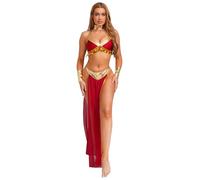Mufeng Women's Egyptian Queen Costume Sequins Shiny Metallic Crop Top with Chiffon Skirt Wristbands Burgundy 4XL