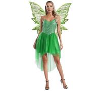 Mufeng Womens Forest Fairy Costume Sequin Patchwork Spaghetti Straps Dress with Butterfly Wings Green M