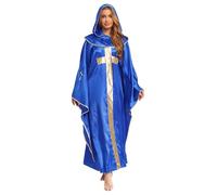Mufeng Women's Halloween Priest Costume Gold Cross Hooded Pullover Vestments Clergy Cassock Royal Blue 3XL