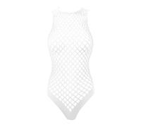 Mufeng Women's Hollow Out Fishnet Bodysuit Long Sleeve Leotard Tops Jumpsuits Beachwear White 2 One Size
