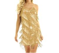 Mufeng Womens Latin Tango Dance Dress Sparkling Sequins Fringe Tassel Camisole Party Dress Gold M