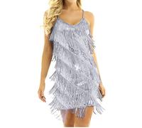 Mufeng Womens Latin Tango Dance Dress Sparkling Sequins Fringe Tassel Camisole Party Dress Silver&Gray M