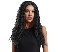 Mufeng Women's Long Curly Hair Synthetic Wigs Middle Part Kinky Afro Wigs for Halloween Cosplay Black One Size