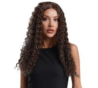 Mufeng Women's Long Curly Hair Synthetic Wigs Middle Part Kinky Afro Wigs for Halloween Cosplay Dark Brown One Size
