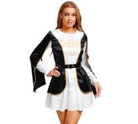 Mufeng Women's Medieval Musketeer Costume Long Sleeve Tiered Hem Dress with Overlay and Waist Belt Black XL