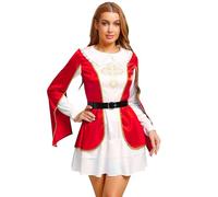 Mufeng Women's Medieval Musketeer Costume Long Sleeve Tiered Hem Dress with Overlay and Waist Belt Red XL