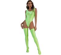 Mufeng Women's Oil Shiny High Cut Bodysuit Skinny Backless Tank Leotard Thongs with Thigh High Socks Fluorescent Green M