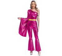 Mufeng Women's One Shoulder Disco Outfits Flared Long Sleeve Bell Bottom Jumpsuit Hippie Costume Hot Pink 3XL