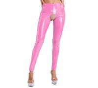 Mufeng Women's Patent Leather High Waisted Leggings Latex Rubber Tights Long Pants Clubwear