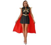 Mufeng Womens Power Princess Costume Rhinestone Trim Metallic Patchwork Dress with Cloak Outfits Black S