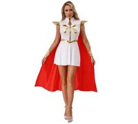 Mufeng Womens Power Princess Costume Rhinestone Trim Metallic Patchwork Dress with Cloak Outfits White M