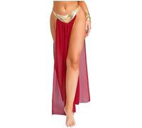Mufeng Women's Sexy Ancient Egyptian Costume Sheer Mesh Side Split Maxi Skirt Built-in Briefs Burgundy S